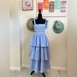 Light Blue Tiered Smocked Maxi Dress with Tie Straps